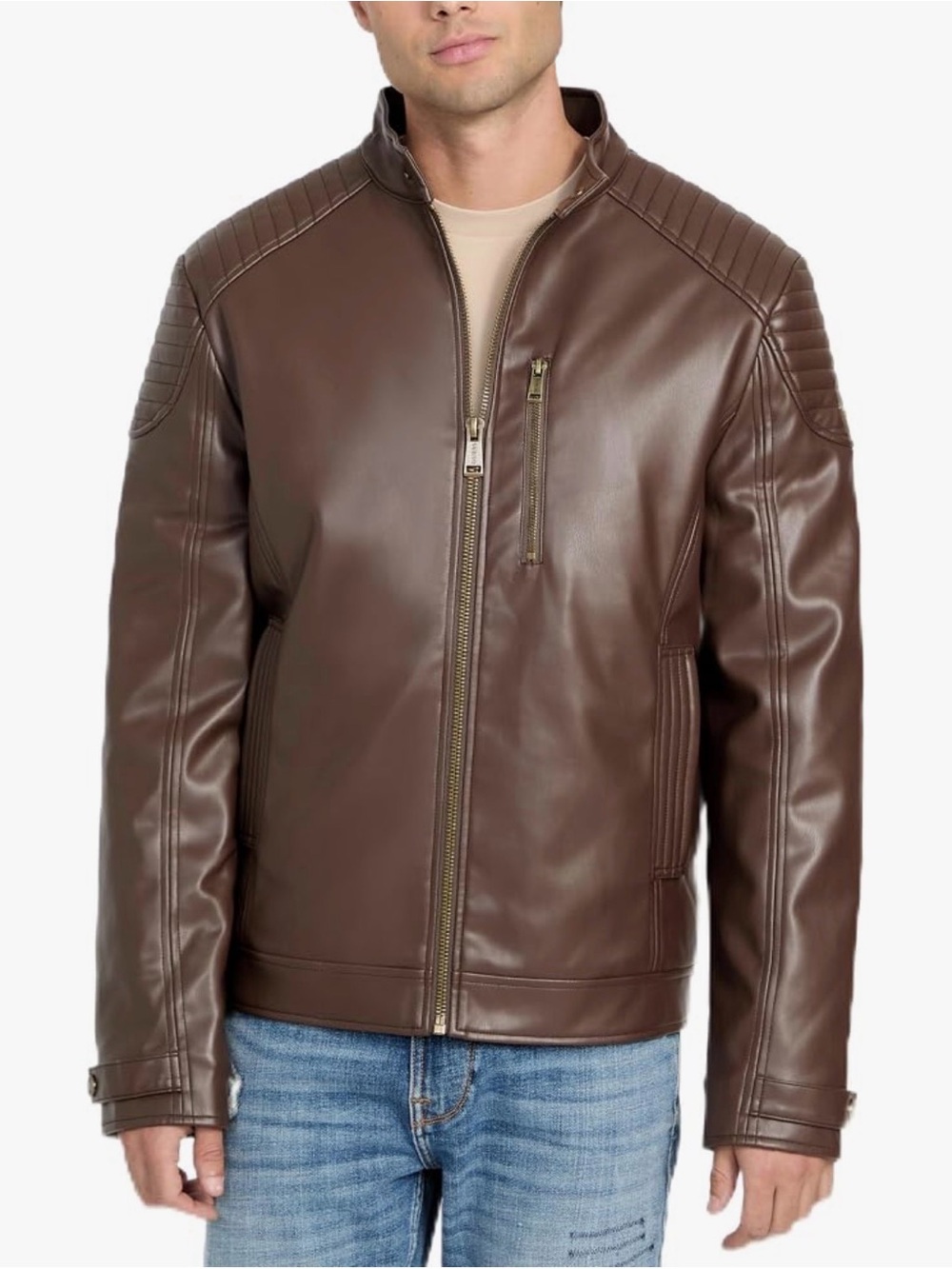 GUESS Faux Leather Biker Moto Jacket Coarse Brown Size M. NWT